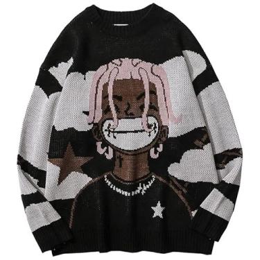 Imagem de Suéter masculino de malha anime rapper grande rock hip hop moda estética pulôver feminino suéter feio, Preto, G