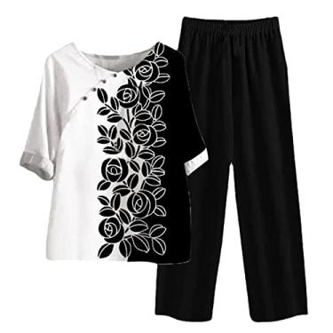 Imagem de Conjunto de 2 peças de verão para mulheres, estampa de flor rosa, algodão, linho, camisetas grandes, calças capri plus size, Branco, X-Large