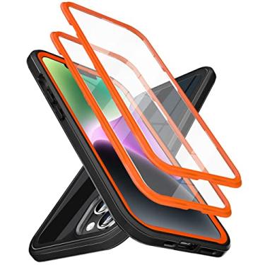 Imagem de Qutechwood Capa para iPhone 14 para iPhone 13 com 2X protetor de tela de vidro temperado integrado, [2022 mais novo] amortecedores robustos de corpo inteiro tudo em um capas de telefone para iPhone 13/14 6,1 polegadas (preto laranja)