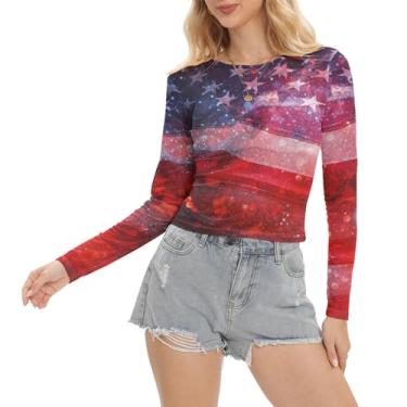 Imagem de Kasopp Camiseta feminina de malha de verão com a bandeira americana do Dia da Independência estampada camiseta cropped manga longa slim legal, Multicolorido 1, PP