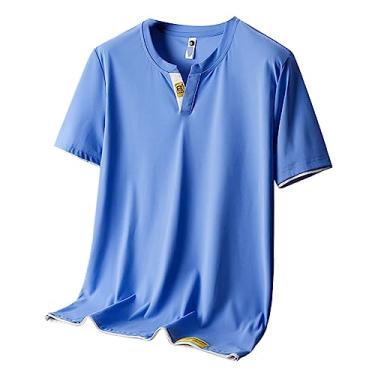 Imagem de Camiseta atlética masculina de manga curta, respirável, fina, lisa, lisa, secagem rápida, gola V, Azul, XXG