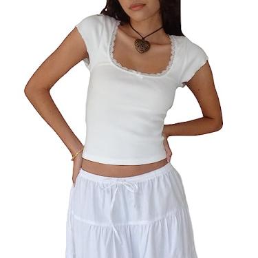 Imagem de Camiseta feminina manga longa com acabamento em renda patchwork slim fit camiseta Y2K Going Out Crop Top, Camiseta de manga curta canelada branca, P
