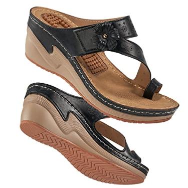 Imagem de Sandália feminina anabela chinelo com suporte de arco verão confortável plataforma boêmia sapatos baixos função de massagem sandália tanga casual, W - preto 01, 9.5