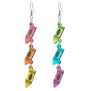 Imagem de Brincos de lápis de madeira leves feitos à mão com pingente de giz de cera livro de madeira boêmia globo de maçã régua brincos pendentes presentes para meninas mulheres o início da temporada escolar,