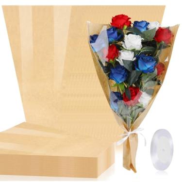 Imagem de KIMOBER 50 peças de saco de buquê de flores, saco de papel de embrulho de flores transparente de celofane com fita para artesanato de flores, aniversário, casamento, dia dos namorados, dia das mães
