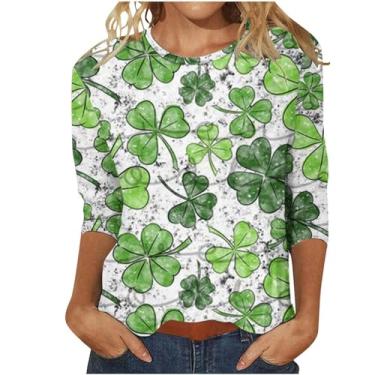 Imagem de Camiseta feminina do Dia de São Patrício com estampa da bandeira irlandesa americana túnica verde manga 3/4, Ag, G