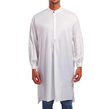 Imagem de Masculino Kaftan Robe manga longa algodão linho Thob lado Split Button Down Thobe camisa muçulmana,White,XL
