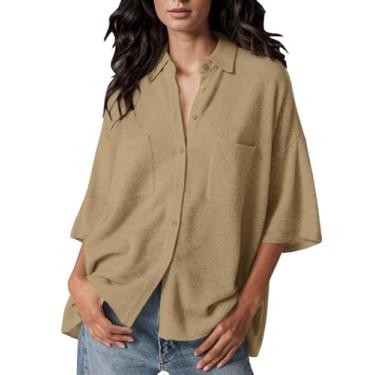 Imagem de Langwyqu Camisetas femininas de botão, manga curta, gola V, gola V, blusa de malha solta de verão com bolsos, Caqui, GG