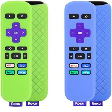 Imagem de 2 peças de capa para controle remoto Pinowu (brilha no escuro) compatível com controle remoto Roku Simples, capa antiderrapante adequada para controle remoto Roku Express e Roku Premiere Player (azul