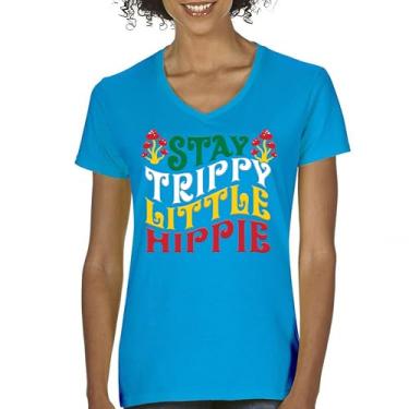 Imagem de Camiseta feminina Stay Trippy Little Hippie Puff com decote em V Hippies Vintage Peace Love Happiness Retro 70s Cogumelos, Turquesa, M