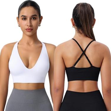 Imagem de Evercute Sutiãs esportivos femininos ajustáveis com decote em V profundo sem fio alças finas cruzadas acolchoadas baixo suporte sexy sutiãs, Preto, branco, pacote com 2, P