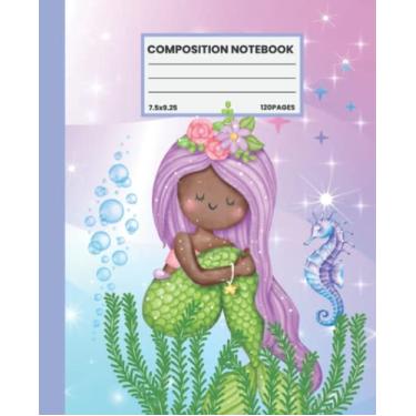 Imagem de Caderno de composição: Sereia preta fofa com cavalo-marinho, livro ou diário de escrita pautado largo para crianças e meninas negras afro-americanas