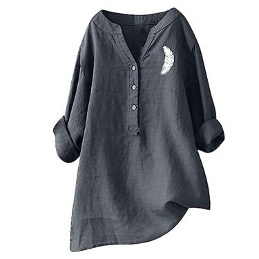 Imagem de Camiseta feminina de linho manga comprida Henley Feather Graphic Tee Tops solto confortável camiseta túnica verão, Cinza, 5G