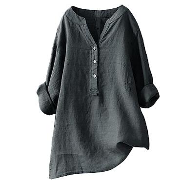 Imagem de Camisetas de linho para mulheres, cor sólida, plus size, gola V, botão, manga comprida, camisa de verão, Cinza escuro, P
