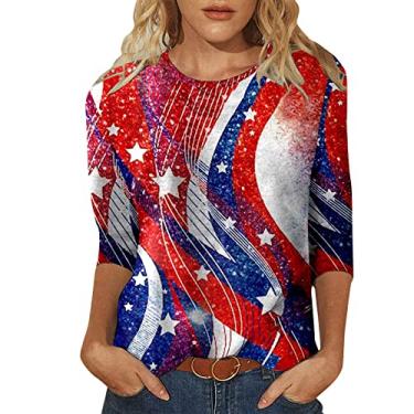 Imagem de Camisetas femininas 4Th of July Summer American Flag Memorial Day, camisetas com gola redonda, manga 3/4, listras estrelas, túnica, Vermelho, G