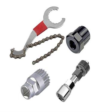 Imagem de zosenda Conjunto de ferramentas de reparo de bicicletas, chicote/removedor de suporte de corrente de roda livre/removedor de manivela e extrator de manivela, ferramentas de manutenção de chave de pedal 4 em 1 para roda dentada de cassete Shimano/engrenagem MTB