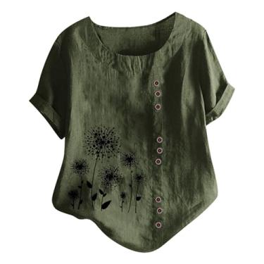 Imagem de Lainuyoah Camisetas femininas vintage estampadas de linho gola redonda boêmio estampado/bordado na moda blusas de manga enrolada, E-ag, 3G