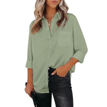 Imagem de Aoudery Camisas femininas de botão, manga comprida, gola sem rugas, gola V, trabalho, escritório, túnica de chiffon, Verde oliva, P