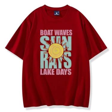 Imagem de Camiseta feminina Boat Waves Sun Rays Lake Days, manga curta, casual, verão, férias, gola redonda, estampada, elegante, divertida, Vinho B, G