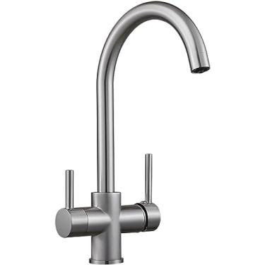 Imagem de Torneira para pia de cozinha de 3 vias, torneira cromada para água potável, alças duplas, bico giratório de 360 ​​graus, torneira misturadora de cozinha para de filtro de água, escov