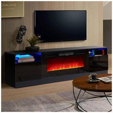 Imagem de Lareira Elétrica e Suporte de TV com Controle Remoto, 110V, Oneinmil, Preta