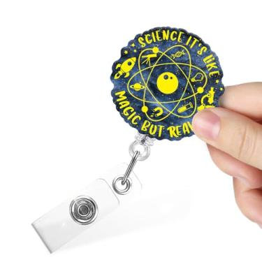 Imagem de Juoqg Carretel retrátil de crachá Science It's Like Magic But Real com clipe, suporte de crachá com glitter gradiente para cientistas, escritório, farmácia, laboratório médico, técnico, presente de