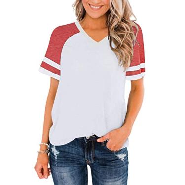 Imagem de ZUNQKG Camisetas femininas de beisebol com gola V, manga curta, patchwork, estampa raglan, beisebol, 08 - gola V vermelha branca, XGG