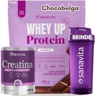 Imagem de Kit Whey Up Protein Creatina Monohidratada Pure Coqueteleira Sanavita - Kit Creatina Monohidratada 100% Pure + Whey Isolado Concentrado e Hidrolisado 22g Proteína + Shakeira - Sanavita - Desempenho Físico - Força - Saúde (Whey Up Chocobelga + Creatina 100g Pure)