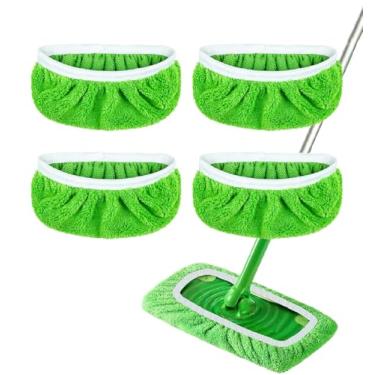 Imagem de Pacote com 4 almofadas de esfregão de microfibra reutilizáveis para vassoura Swiffer - Panos de limpeza úmidos e secos - Recargas laváveis de substituição de cabeça de esfregão para pisos domésticos
