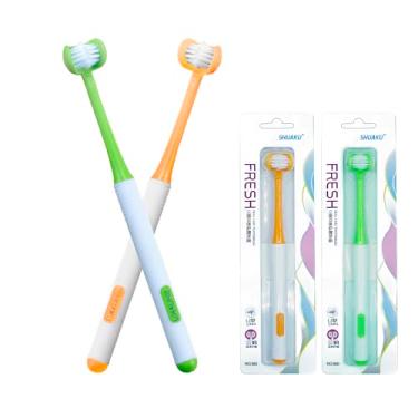 Imagem de Escova de dentes 3 lados autismo 360° design de limpeza de dentes orais em forma de U, 2 peças de cerdas macias para adultos, macias e suaves para cuidados completos dos dentes e gengivas (verde +