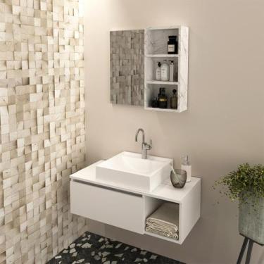 Imagem de Conjunto Banheiro Suspenso Branco com Cuba e Espelheira Mármore Branco