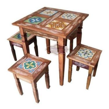 Imagem de Conjunto de Mesa e Bancos Madeira de Demolição com Ladrilho - Minas Ar