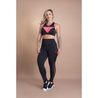 Imagem de Conjunto Fitness Feminino Calça Legging Cintura Alta Bolso Tela E Top 