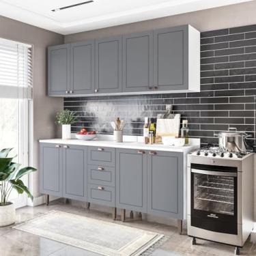 Imagem de Cozinha Pérola com Tampo 4 Peças Aéreos com 5 Portas, Balcão 2 Gavetas 3 Portas e Balcão 2 Portas Ye Branco/Cinza