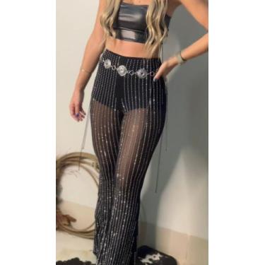 Imagem de Calça Feminia Tule Transparência e Detalhes Pedraria Strass Moda Boiad
