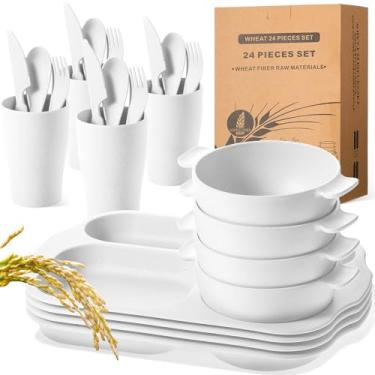 Imagem de Conjunto de 24 peças de talheres de palha de trigo para Aldult, incluindo pratos divididos, microondas, lava-louças, tigela inquebrável, talheres, talheres, colher, garfo (branco)