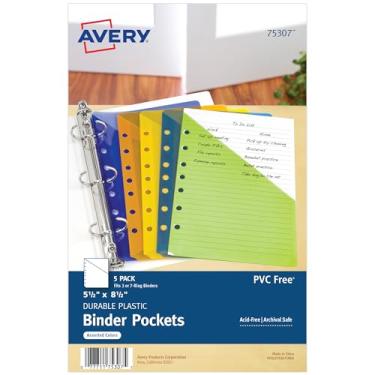 Imagem de Avery Mini bolsos para fichários de 3 argolas e 7 fichários, cores sortidas, para documentos de 14 x 21,6 cm, sem ácido e seguro para arquivamento, total de 5 pastas (75307)