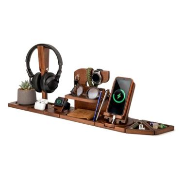 Imagem de TESLYAR Presentes para homens, multifuncional, modular, organizador de mesa de madeira, estação de ancoragem para telefone, presentes de Natal para pai, marido, mesa de cabeceira, suporte para