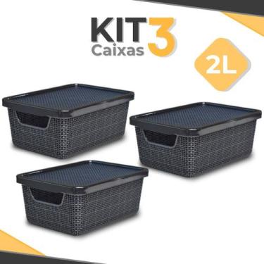 Imagem de Kit 3 Caixa Organizadora 2 Litros Jutta Preta C/ Tampa que Encaixa de 