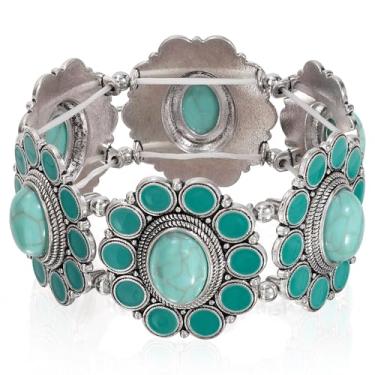 Imagem de Waist Wow Pulseira turquesa feminina boho vintage vaqueira ocidental pulseira elástica turquesa joia, One Size, Liga de aço Pedra preciosa, Safira criada