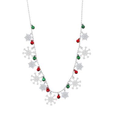 Imagem de Lindo colar feminino com pingente de floco de neve de zircônia cúbica com contas de bola vermelha verde banhada a prata delicada, decoração de Natal, flor de inverno, sininho, corrente ajustável, joia