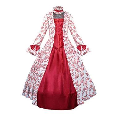Imagem de Fantasia feminina vitoriana da Renascença medieval, vestido de Maria Antonieta, manga comprida, estampa floral, vestido de baile, fantasia de Halloween (nº 24 vermelho, GG)