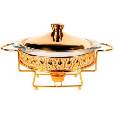 Imagem de jinsongdafa Caçarola assadeira de vidro com tampa e prateleira de aço inoxidável, assadeira grande para caçarola e lasanha, máquina de lavar louça, freezer, micro-ondas e forno (redondo dourado, 1,5