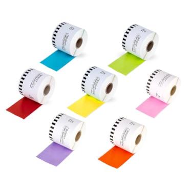 Imagem de HOUSELABELS Compatível com rolo de substituição DK-2205 para impressoras Brother QL; etiquetas de comprimento contínuo YE GR RD BL OU PK LAV; 2-4/9" x 100 pés (62 mm x 30,48 m) com 1 cartucho