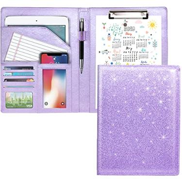 Imagem de Pasta de portfólio padfolio/currículo para mulheres, pasta fofa de capa de padfolio rosa, organizador de conferência/documentos legais com prancheta de tamanho A4, manga de documentos, roxo glitter