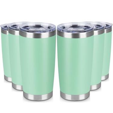 Imagem de VQRRCKI Copo de aço inoxidável de 590 ml a granel com tampa Copos de café com isolamento de parede dupla para bebidas quentes e frias, caneca de café de viagem revestida com pó fosco (jade, pacote com