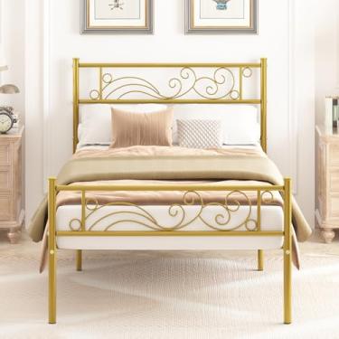 Imagem de Weehom Moldura de cama de plataforma de tamanho duplo com design de flor, montagem de suporte de lâminas de metal forte, sem necessidade de mola de caixa dourada