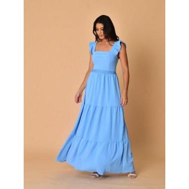 Imagem de Vestido longo luxo duna lisa com babada na manga renda na cintura 1943