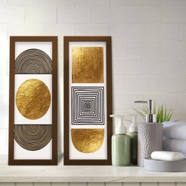 Imagem de Kit 2 Quadros Decorativos Lavabo Abstrato Moderno Geométrico Dourado -