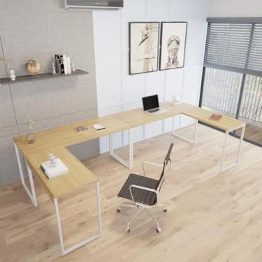 Imagem de Kit 2 Mesas de Escritório em L Estilo Industrial 1,50mx1,50m Kuadra Lamina Mel/Branco